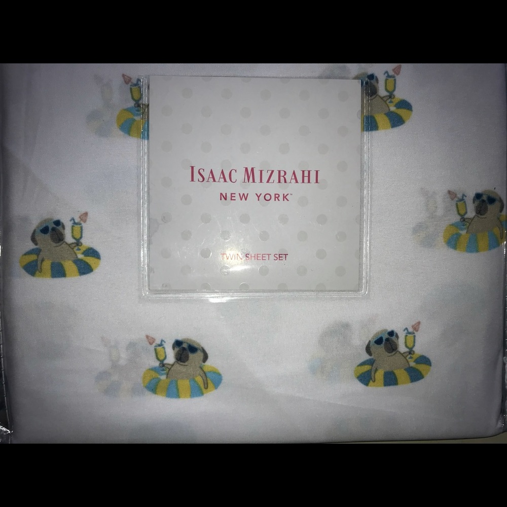Isaac Mizrahi Swimming Pool Pug Dogs Twin Sheet Pillow Case Set NEW NIP